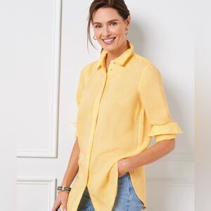 Talbots Petites Chic Butter Yellow Long Sleeve Polo Collar Shirt Irish Linen.